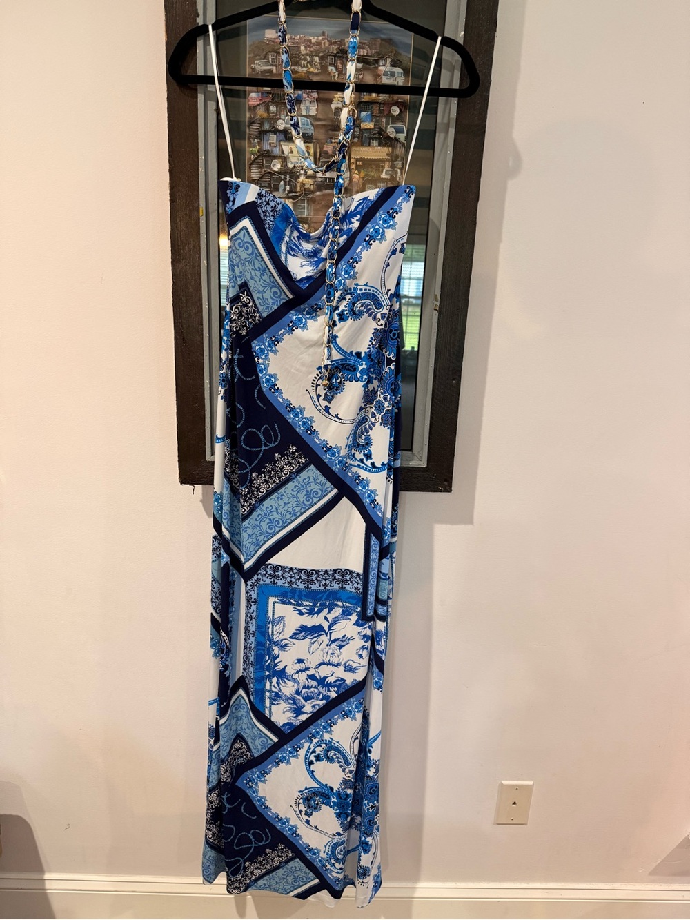 Cache Blue and White Strapless Maxi Dress